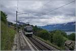 Der MVR MOB ABEh 2/6 7504  Vevey  wendet in Sonzier; im Hintergrund das Chablais und etwas in den Wolken, die Dents de Midi.