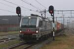 Am übertrüben und nebligen 18.Januar 2025 zieht SBBCI 193 108 ein Containerzug durch Boxtel und wird mit etwas zooming von Bahnsteig fotografiert.