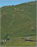 Vor wenigen Minuten haben ein bergwärts fahrenden JB Zug (im Vordergrund) und eine talwärts fahrender WAB Zug (im Hintergrund) die Kleine Scheidegg verlassen.