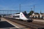 SBB/SNCF: TGV LYRIA 4414 anlässlich der Bahnhofsdurchfahrt Herzogenbuchsee am Morgen des 26.