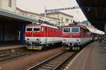 LOK 363 133-0 wartet mit ihrem Zug am Bahnsteig auf das Abfahrtszeichen, whrend dem luft Lok 362 015-0 mit Lok 193 215 und D-Lok 2742 167-0 mit langem Gterzug durchfahren den Bahnhof von