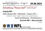 Am 09.08.2025 geht es mit dem Schnellzug  Hanse-Sail  Von Leipzig Hbf nach Warnemünde zur Hanse-Sail zurück,inklusive Stadttour in Berlin